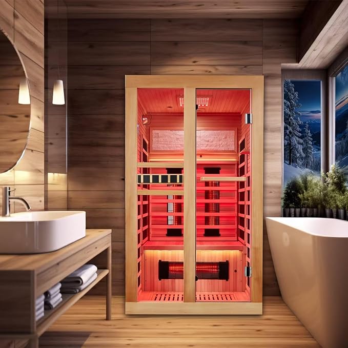 Full Spectrum Infrared Sauna, 2 Person Home Sauna with Red Light Therapy, 15 Minutes Pre-Warm up Indoor Dry Saunas with 2-in-1 Door Handle, 7 Color Light Belts, Canadian Hemlock, 110V BNEHSDirect