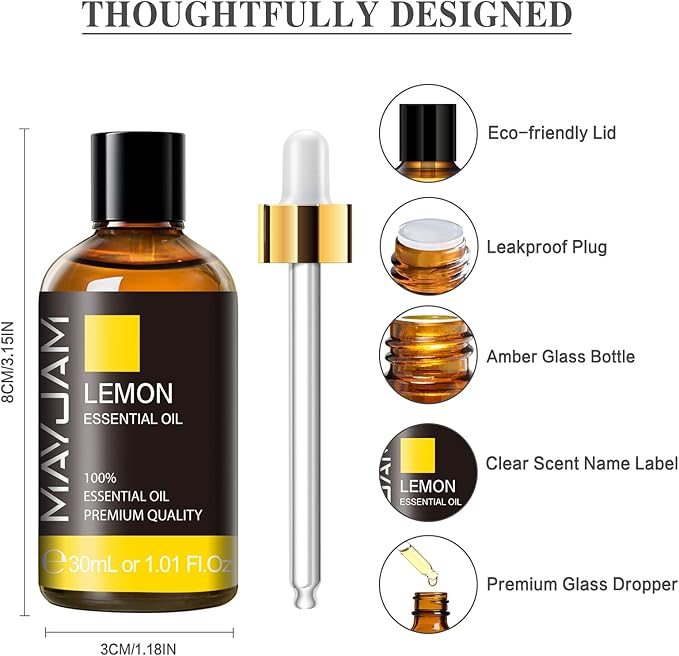 Lemon Essential Oil 30ML/1.01FL.OZ, MAYJAM Premium Lemon Oil Essential Oils with Glass Dropper, Great for Aromatherapy Diffuser and Candle Soap Making - Bloomnest