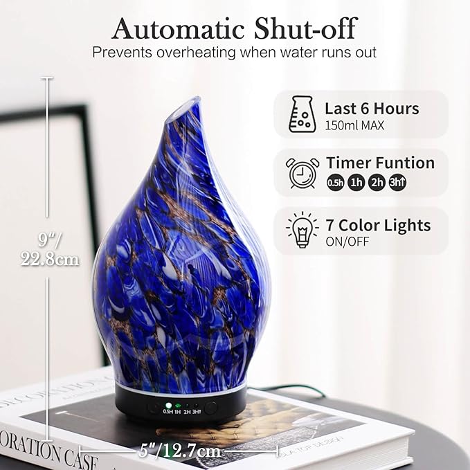 Porseme 150ml Essential Oil Diffuser Glass Color Changing Aroma Air Diffusers Aromatherapy Ultrasonic Cool Mist Humidifier 6 Running Hours Waterless Auto-Off for Sleeping Yoga Office Spa (Deep Blue) - Bloomnest