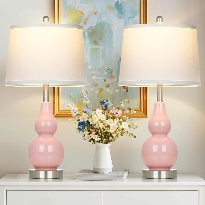 Pink Ceramic Lamps Set of 2, 25" Modern Double Gourd Ceramic Table Lamps for Living Room, Cute Bedside Nightstand Lamps with Fabric Shade for Bedroom End Table Home Office Girls Room(2 Bulbs Included) - Bloomnest