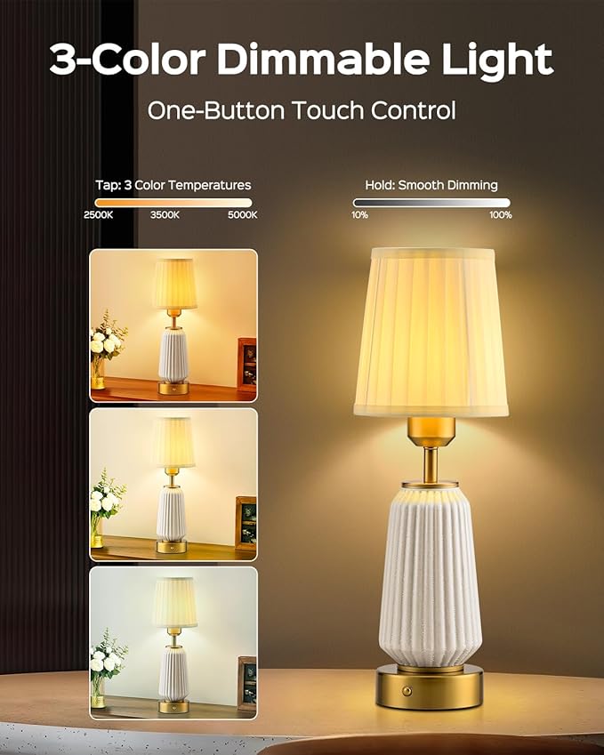 JACKYLED 2 Pack New Upgraded Rechargeable Table Lamps,5400mAh Battery Operated Cordless Table Lamp，Portable Indoor/Outdoor Desk Lamp,Modern Ceramic Lamp for Dinning Room, Bedroom,Patio - Bloomnest