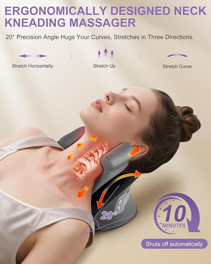 Shiatsu Neck Massager with Heat, Electric Deep Tissue Kneading Massage Pillow with 10-Minute Timer for Full Body Muscle Pain Relief, Cordless Portable Cervical Traction Device (Black)