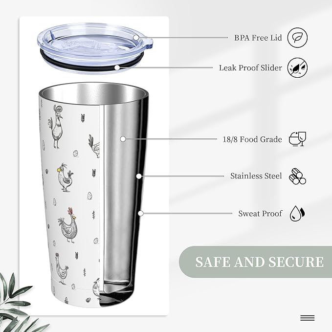 Chicken Tumbler with Lid and Straw 20 oz Stainless Steel Cup Insulated Tumbler Coffee Mug for Home Office or Car Christmas Birthday Gifts - Bloomnest