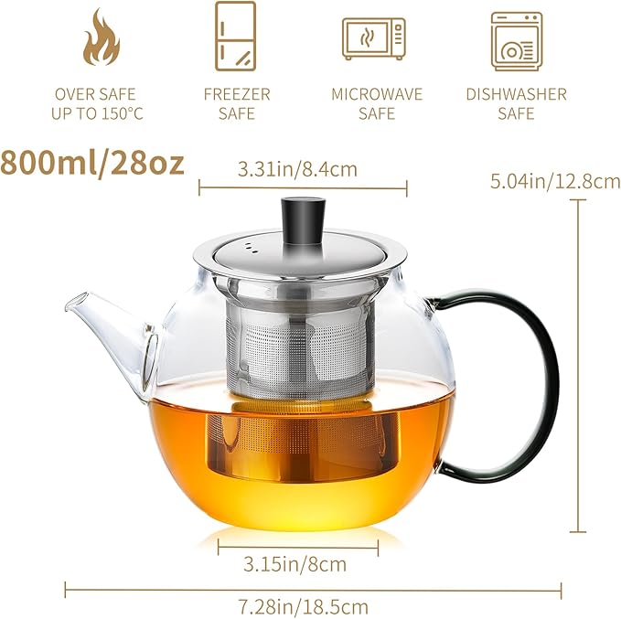 28OZ Glass Teapot with Infuser Stovetop Safe, 800ml Borosilicate Glass Kettle Tea Pot with Infusers tea infuser pot for loose leaf tea, tea Maker brewer, Dishwasher Safe, tetera para te (Clear)