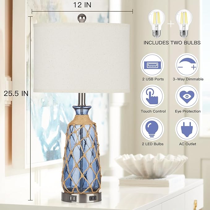 25.5" Coastal Glass Table Lamps Set of 2, 3-Way Dimmable Touch Control Bedside Lamps with 2 USB Ports and AC Outlet, Blue Nautical Nightstand Lamps for Bedroom Living Room (LED Bulbs Included) - Bloomnest