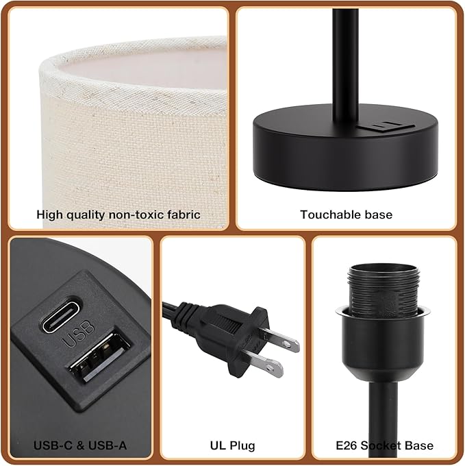 Dicoool Beige Touch Lamp for Bedroom with USB - 3 Way Dimmable Table Lamp for Nightstand, Small Lamp with Black Charging Station for Desk Dorm, Office, Nursery - Bloomnest
