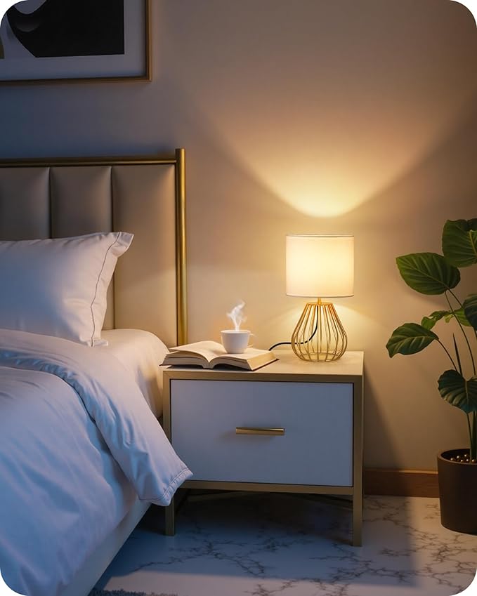 Gold Table Lamp Set of 2, Small Bedside Lamp with Gold Metal Base & White Linen Lampshade, Modern Nightstand Lamp, Little Cute Desk Lamp for Bedroom, 2700K LED Bulb Included DCW06TLP205 - Bloomnest