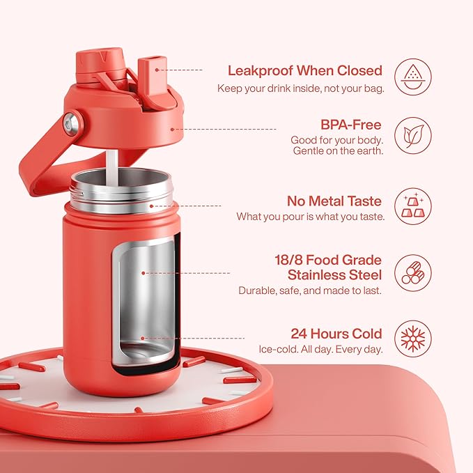 Kids Insulated Water Bottle with Straw - 12oz Stainless Steel Water Bottle with Dual Spouts, Leak-Proof, BPA-Free, Double Wall Vacuum Keeps Cold for 24 Hours for Sports, Travel, School (Tawny Orange) ENCOOL