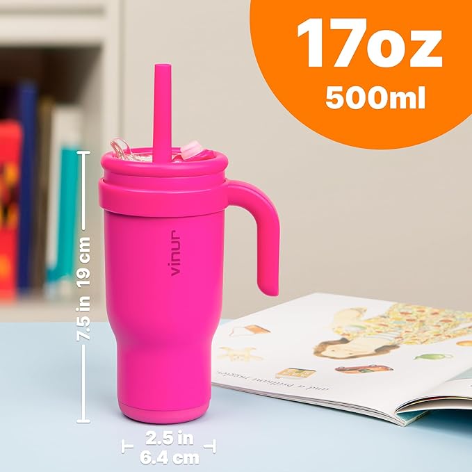 VINUR Kids Tumbler with Handle-17 oz Stainless Steel Double Wall Vacuum Insulated Tumbler Travel Water Cup with Lid and Straw (Rose Pink) - Bloomnest