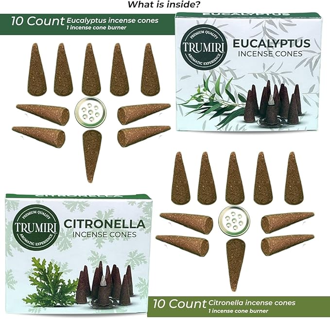 TRUMIRI Incense Cones - Combo Pack of 20 - 10 Citronella + 10 Eucalyptus Scented Cones TRUMIRI