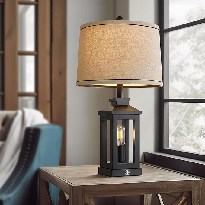 23.75" Retro Farmhouse Black Table Lamp for Living Room Bedroom Nightstand Set of 2 Touch Control Bedside Nightlight Vintage Modern Lamp with USB C+A Ports and 2 Light Sources - Bloomnest