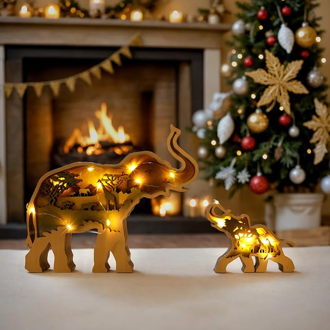3D Wood Carving Animals Lamp Home Decorative, Cute Bear Family Elephant Presents Ideas Christmas Living Room Office Decor Warm LED Night Lights Gift for Friend Daughter Son Mom Dad (Elephant) - Bloomnest