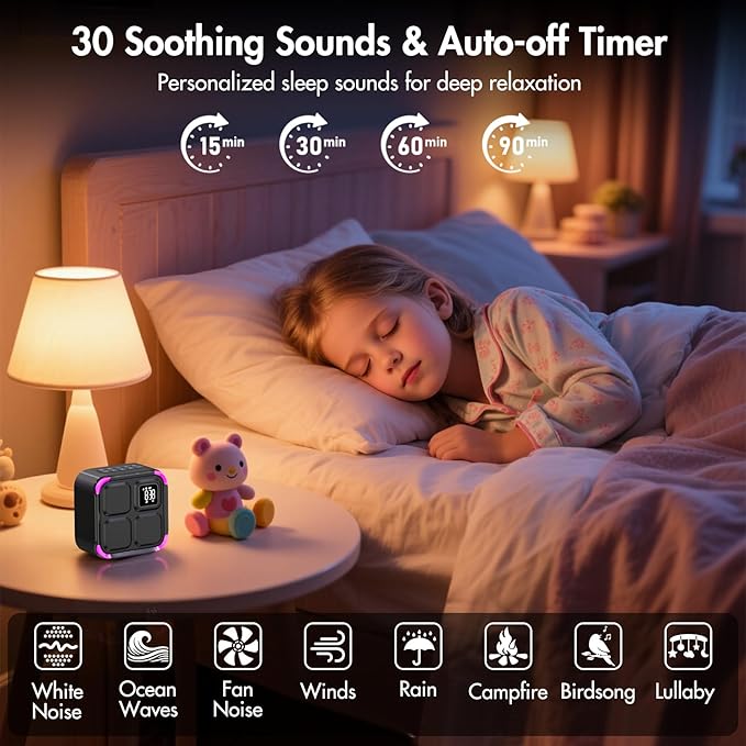 Sound Machine White Noise Machine with 30 Soothing Sounds, 10W Bluetooth Wireless Speaker Alarm Clock with Lights, Rechargeable Sleep Machine with Timer, Gifts for Boys Girls Baby Kids Teens Adults