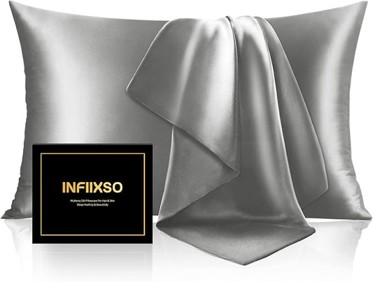 INFIIXSO Mulberry Silk Pillow Cases King Size Set of 2, Silk Pillowcase with Hidden Zipper 20"x36", Extraordinary Smooth and Soft Pillow Case for Hair and Skin(Dark Grey, 2 Pack) - Bloomnest