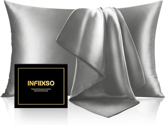 INFIIXSO Silk Pillow Cases 2 Pack Standard Size, Ultra Smooth & Soft Mulberry Silk Pillow Case for Hair and Skin, Breathable Cooling Silk Pillowcase with Hidden Zipper (Dark Grey, 20x26 Inches) - Bloomnest