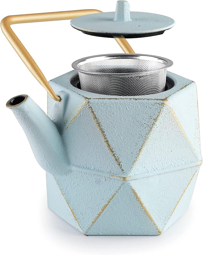 IBILI 40 Oz Kerala Cast Iron Teapot | Made in Spain | Diamond Design, Stainless Steel Infuser, Enameled Interior, Stovetop & Induction Compatible, Japanese Kettle for Leaf Tea, Tetsubin, Light Blue