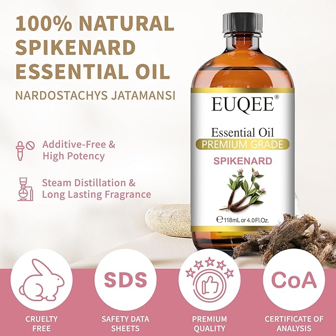 EUQEE Spikenard Essential Oil 118ml/4Fl Oz Pure Spikenard Oil Premium Essential Oil with Glass Dropper Great for Yoga, Meditation, Massage, Diffuser, DIY Soap, Candle Making, Aromatherapy, Sleep