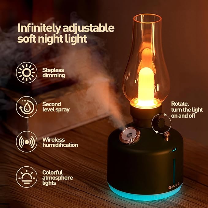APSARAS USA Essential Oil Diffuser,Vintage Lamp Humidifier,1200mAh Adjustable Brightness Night Light Air Aroma Diffuser Humidifier,Timer & Auto Shut-Off，Gift for Lover,Home,Office,Yoga,Gym280ml - Bloomnest