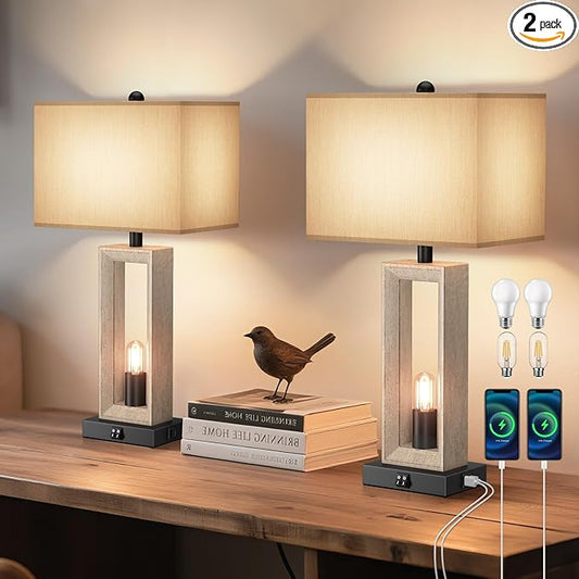 Set of 2 & 25" Retro Vintage Farmhouse Table Lamps for Living Room Bedroom Nightstands Decor Lamps with USB A+C Port , 3-way Dimmable Bedside Lamps included 4 LED Bulbs for End Table Entryway - Bloomnest