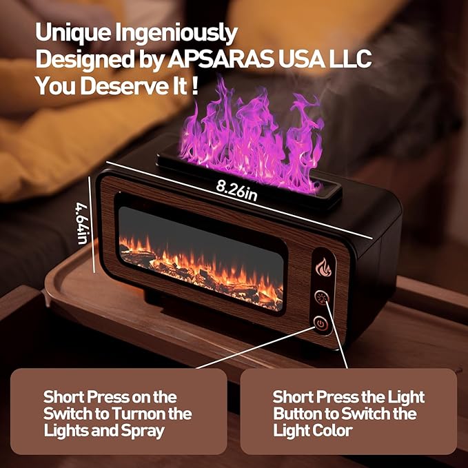 APSARAS USA Aroma Diffuser, Essential Oil Diffuser, Fireplace Flame Air Humidifier Diffuser, 7 Colors Aromatherapy Diffuser with Timer, Humidifiers for Bedroom,Yoga,Gym,200ml(Black) - Bloomnest