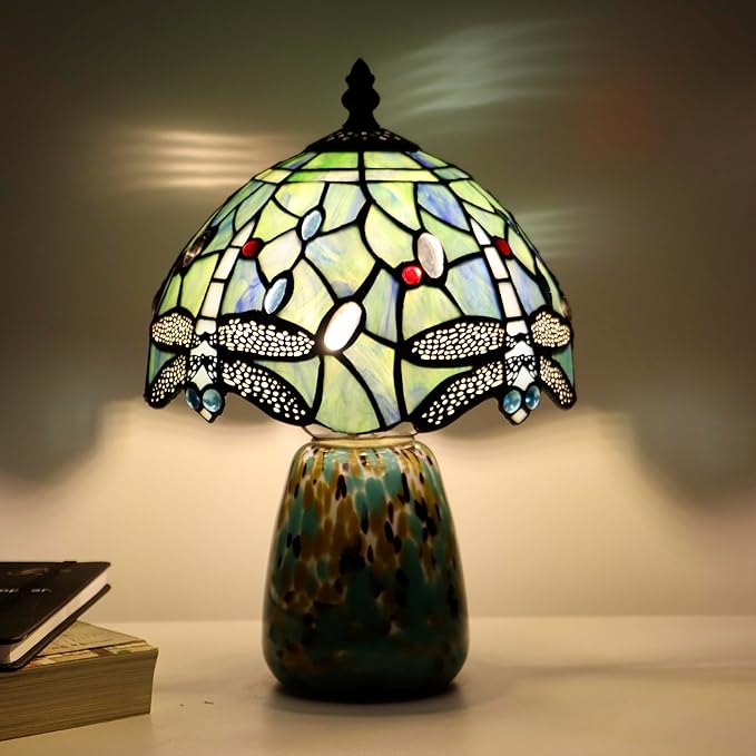 Tiffany Mushroom Table Lamp Dragonfly Style Sea Blue Stained Glass Accent Lamp Brown Blue Glass Base 8X8X12 Inch - Bloomnest
