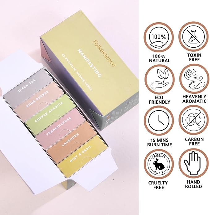 Folkulture Backflow Incense Cones (60 Cones) | Set of 6 Waterfall Insence Cones for Manifesting, Aromatherapy, Gifts | No Charcoal, Organic, Non Toxic Frankincense, Coffee Scented Inscents-Cones FOLKULTURE