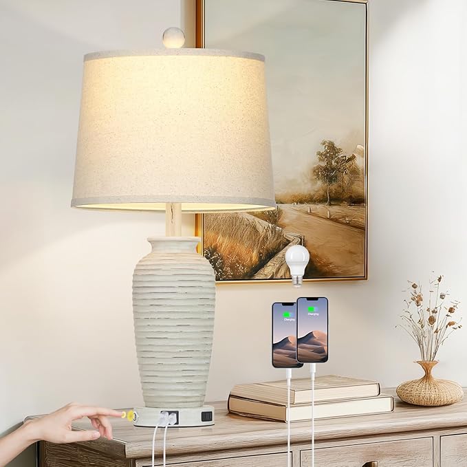 25" Retro White Farmhouse Jar Table Lamps for Living Room, 3 Way Touch Control Rustic Bedside Lamps with USB A+C Ports & AC Outlet, Pot Nightstand Lamps for Bedroom (LED Bulbs Included) - Bloomnest