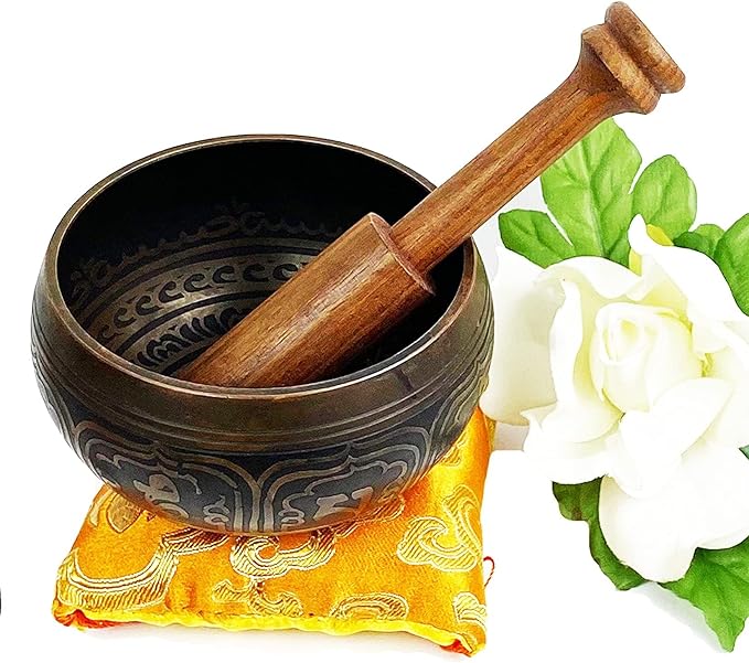 3380 SB Tibetan Auspicious Symbol Singing Bowl Set ~ Mallet Cushion Meditation Chakra Healing Prayer Yoga Mindfulness (SB-3380-G) - Bloomnest