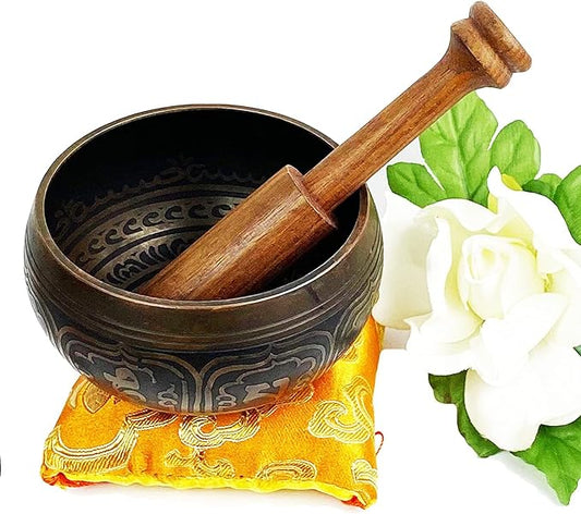 3380 SB Tibetan Auspicious Symbol Singing Bowl Set ~ Mallet Cushion Meditation Chakra Healing Prayer Yoga Mindfulness (SB-3380-G) - Bloomnest