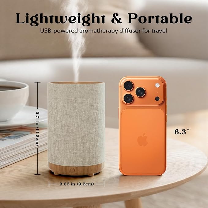 Essential Oil Diffuser with Fabric Cover, Small Portable Aroma Diffuser for Home 120ml, Ultrasonic Aromatherapy Oil Diffuser with 7 Colors LED, Auto Shut-Off Function, Mini Humidifier for Bedroom SNOWSEN