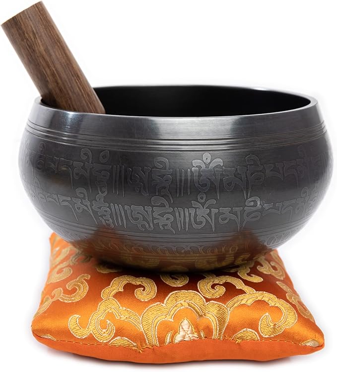 Tibetan Singing Bowl Set - Easy To Play Authentic Handcrafted For Meditation Sound Chakra Yoga Healing 4 Inches By Himalayan Bazaar (Black & Orange)