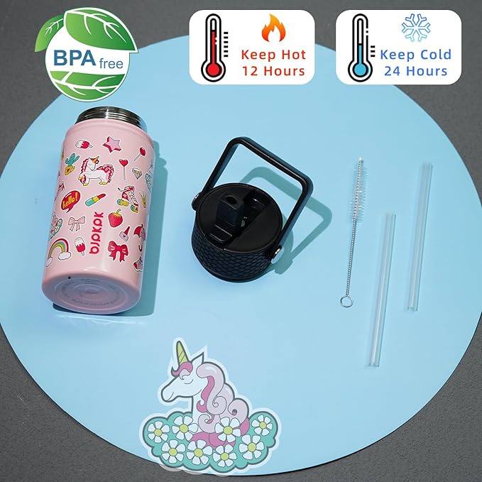 BJPKPK Insulated Water Bottle with Straw Lid, 15 oz Stainless Steel Metal Water Bottles, Reusable Leak Proof BPA Free Water Bottles, Cups, Thermo, Unicorn - Bloomnest