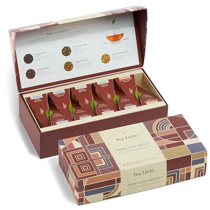 Tea Forte Frank Lloyd Wright Petite Presentation Box Tea Gift Set Sampler, 10 Count, 2 of Each Variety Individually Wrapped Handcrafted Pyramid Infuser Bags - Bloomnest