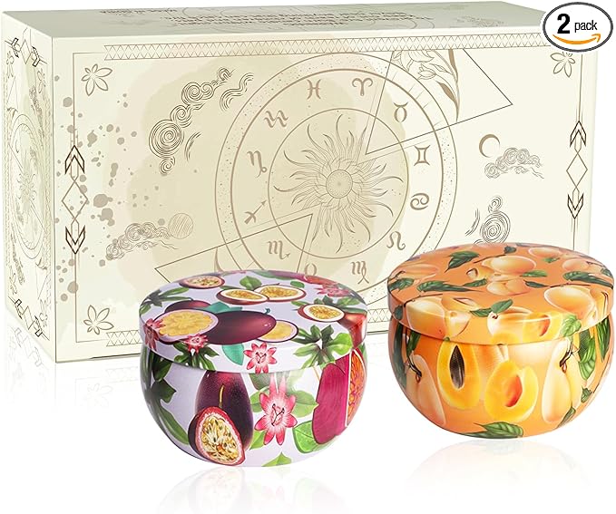 Set of 2 | 2.5-Ounce Scented Jar Candles - Fruit Style - Perfect for Home, Spa, Yoga Studio - Vibrant Colorful Iron Can Jars Candles(Passion Fruit & Apricot Fragrance) - Bloomnest