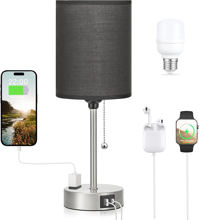 Black Table Lamp for Bedroom Nightstand - 3 Color Temperature Bedside Lamp with USB C and A Ports, Pull Chain Lamp for Bedroom with AC Outlet, Small Lamps Silver Metal Base for Kids Boys/Dorm Room - Bloomnest