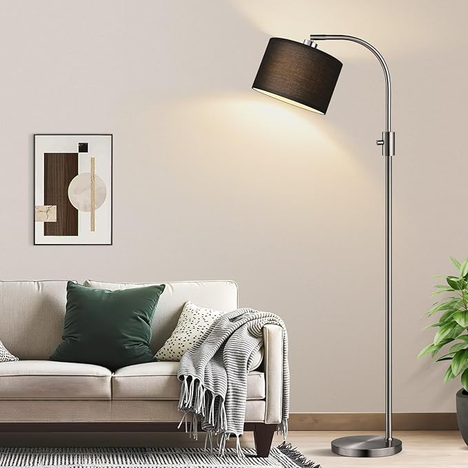 【Upgraded】 Dimmable Floor Lamp, 1200 Lumens LED Bulb Included, Brushed Nickel Arc Floor Lamps for Living Room Modern Standing Lamp with Black Shade, Tall Lamp for Living Room Bedroom Office Office - Bloomnest