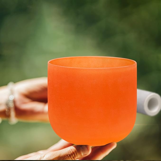 TOPFUND 440 Hz Orange D# Note Crystal Singing Bowl Navel Chakra 10 inch with Heavy Duty Carrying Case and Suede Mallet