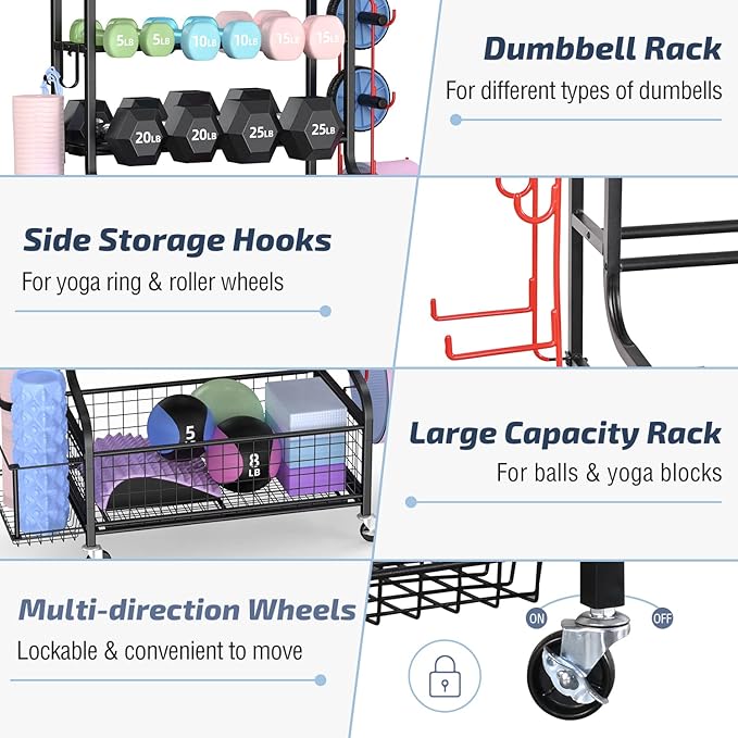 PLKOW Dumbbell Rack, Weight Rack for Dumbbells, Home Gym Storage for Dumbbells Kettlebells Yoga Mat and Balls, All in One Workout Storage with Wheels and Hooks, Powder Coated Finish Steel - Bloomnest