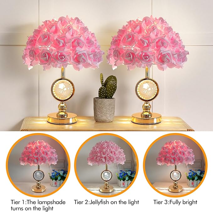 Pink Rose Flower Lamp Princess Bedside Lamp Modern Gold Table Lamp Nightstand Flower Light Cute Desk Lamp for Teen Girl Romantic Bedroom Wedding Deco Valentines Mother's Day Living Room - Bloomnest