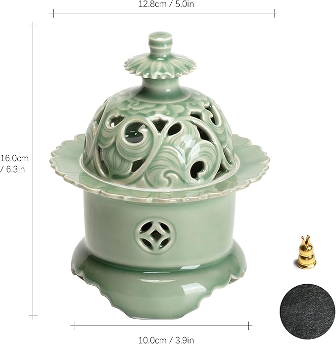 Hermit Life Three-Legged Incense Burner (Celadon), Porcelain Incense Holder with Lotus-Shaped Lid, Green - Bloomnest