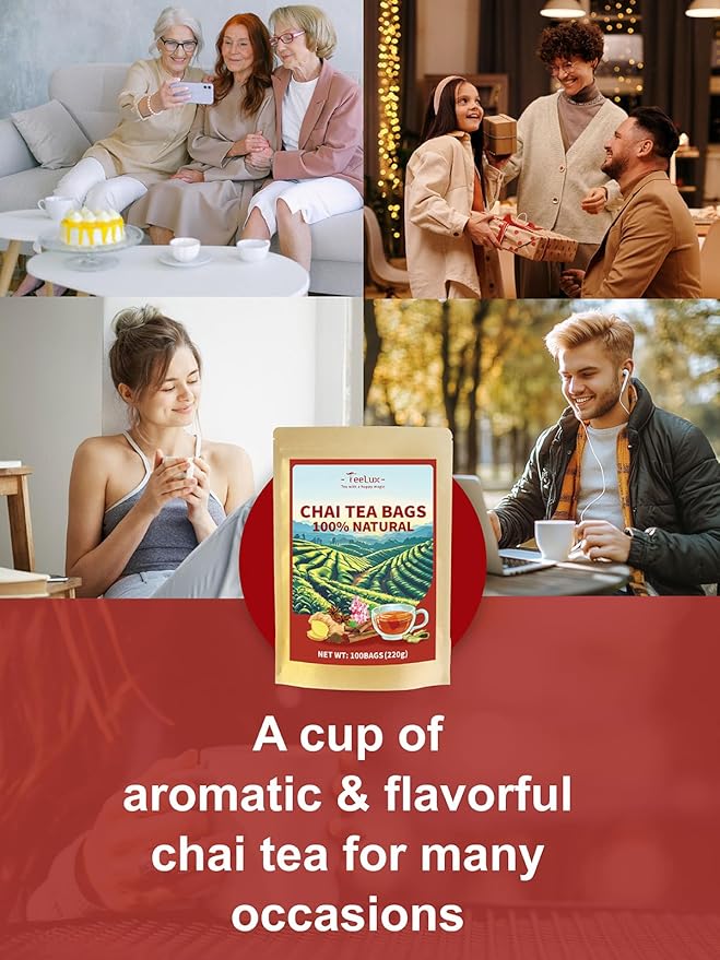 TeeLux Chai Black Tea, Black Tea with Cinnamon, Ginger, Clove & Star Anise, Mellow & Spicy Flavor, Natural, 100 Count - Bloomnest