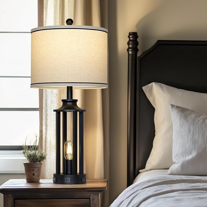 27.5" Black Farmhouse Table Lamps Set of 2, Tall Vintage Lamps for Living Room with USB A+C Charging Ports & AC Outlet, Rustic Bedside Lamp with Night Light, Bedroom Lamp for Nightstand Side End Table - Bloomnest