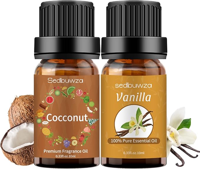 Sedbuwza Vanilla Coconut Essential Oil Set, Vanilla Fragrance Oil Coconut Scent Oil Set for Diffuser, Aromatherapy, Massage, Soap, Candle Making 2 x 10 ml Sedbuwza