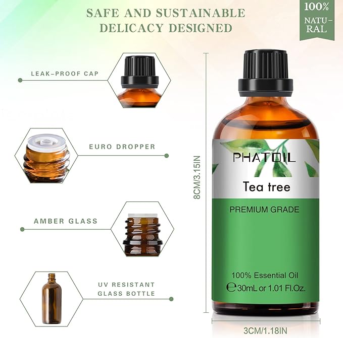 PHATOIL 1.01FL.Oz Tea Tree Essential Oil, for Aromatherapy Diffusers, Humidifiers, Great for DIY Candle and Soap Making, Gift for Friend(30ML) PHATOIL