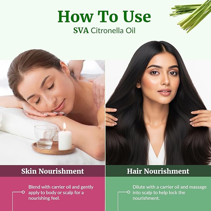 SVA Citronella Essential Oil – 4 Fl Oz – 100% Natural Citronella Oil - for Diffuser, Hair Care, Face, Skin Care, Aromatherapy, Scalp and Body Massage, Soap and Candle Making - with Dropper - Bloomnest