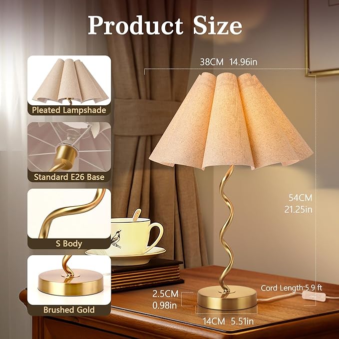 Gold Modern Table Lamp, Scalloped Pleated Desk Lamps Wavy Lamp for Bedside, Bow Table Lamps for Kitchen Counter, Nightstand Decor, Bedside, Bedroom, Living Room - Bloomnest