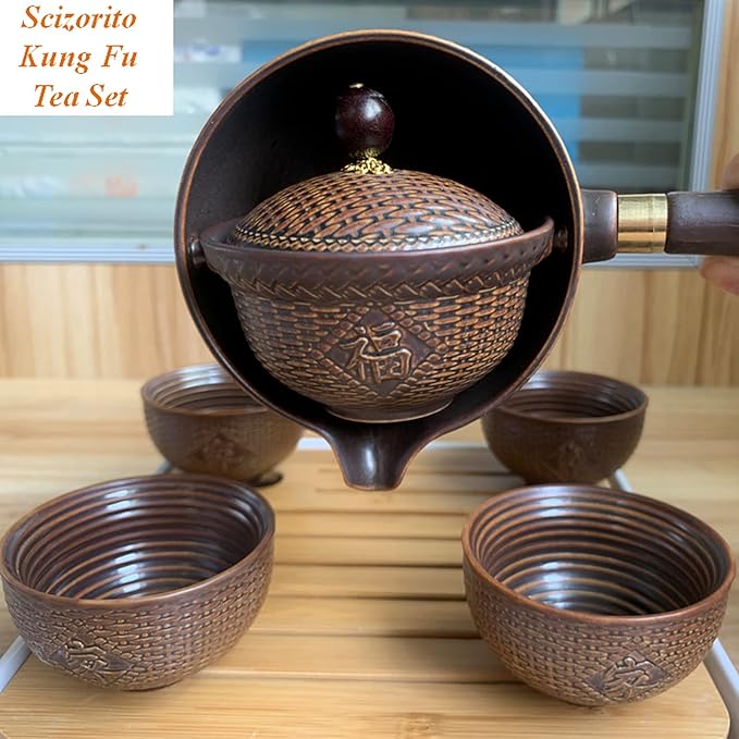 Ceramic Portable Travel Tea Set, Chinese Kungfu Tea Set with 360 Rotation Teapot and Infuser, 4 Tea Cups, Tea Tray And Travel Bag (Wood Color Weave)