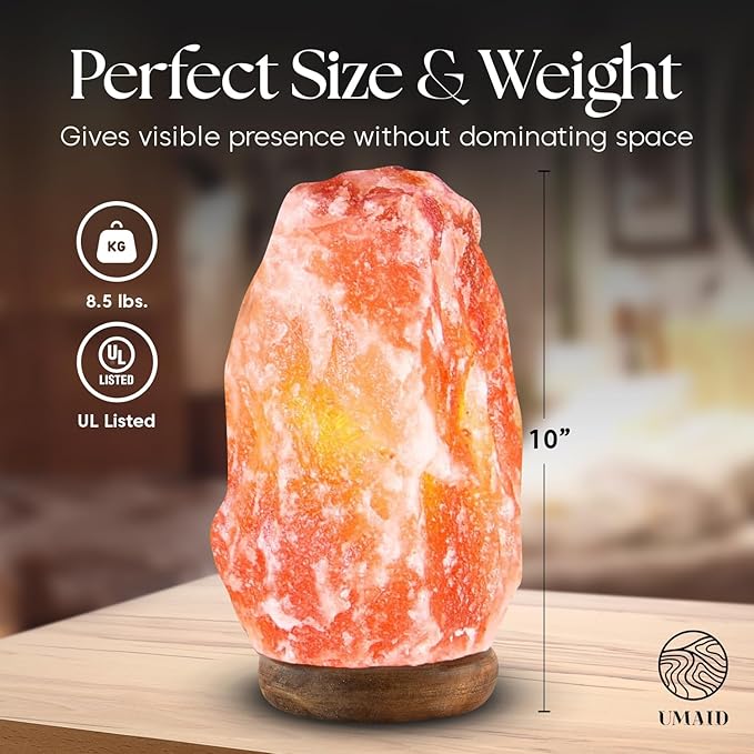 UMAID Himalayan Salt Lamp 8-10 inch (7-11 lb) with Dimmable Switch and Night Light Bulb on Handcrafted Wooden Base, Natural Pink Rock Salt Lamp - Bloomnest