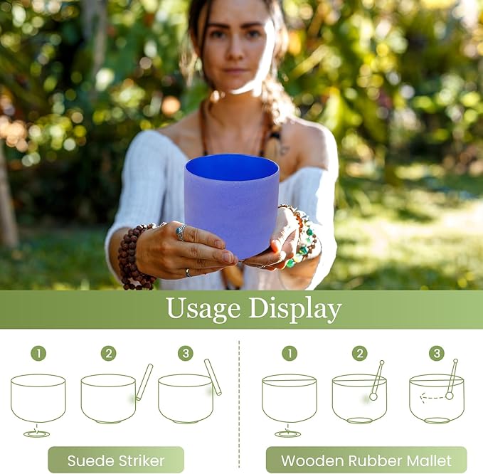 432HZ 7 Inchs Frosted Crystal Singing Bowl Set for Meditation Healing Yoga Chakra Quartz Crystal Sound Bowls with Heavy Duty Carry Case and Rubber Mallet,Suede Striker,O-rings - Bloomnest