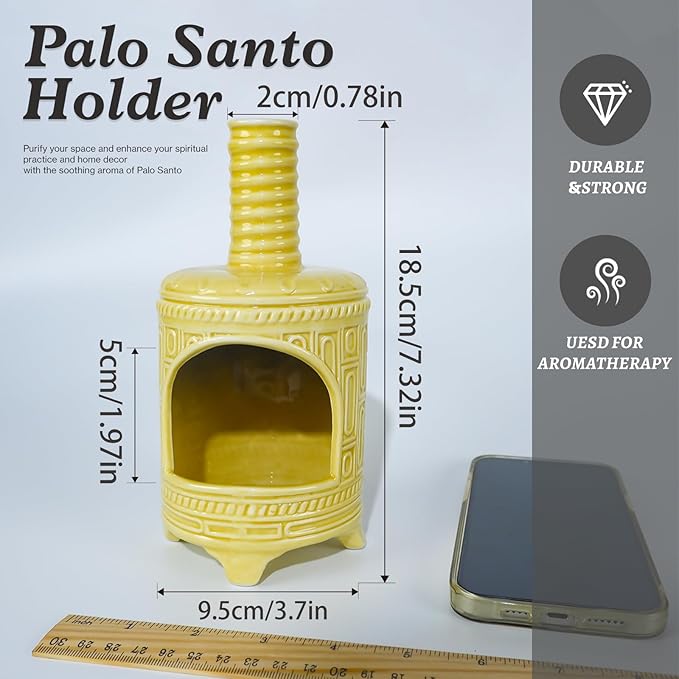 Yellow Ceramic Palo Santo Burner Holder - Purpose for Palo Santo Sticks, Sage Smudge Sticks & Incense Cones Burning – Ideal for Energy Cleansing, Yoga, Meditation & with Unique Chimney Design - Bloomnest